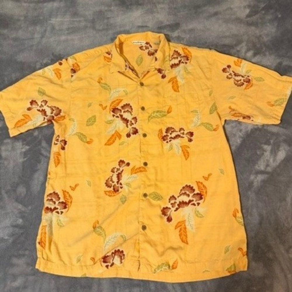 Tommy Bahama Mens Yellow Silk Tropical Aloha Print Shirt Size Large Short Sleeve